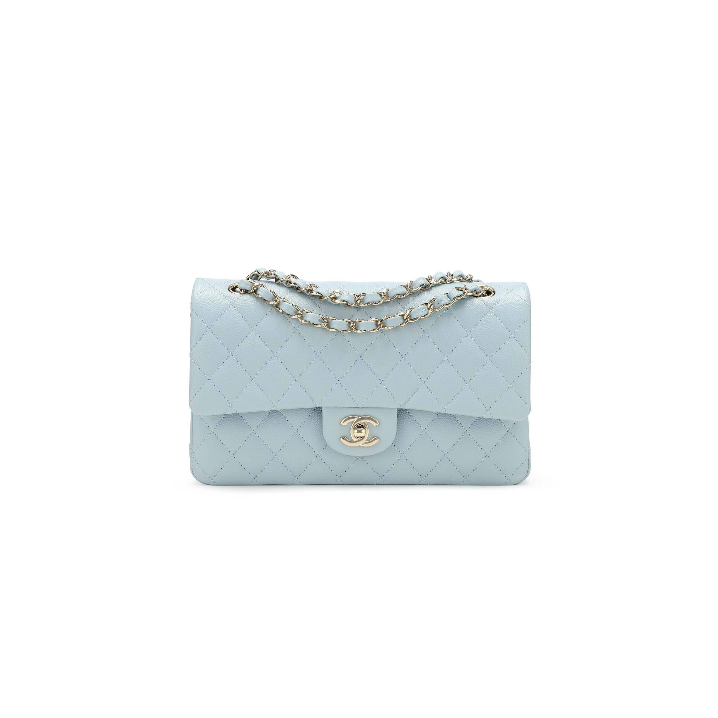 Ch*el medium classic double flap bag blue quilted caviar light gold hardware (25*15*7cm)